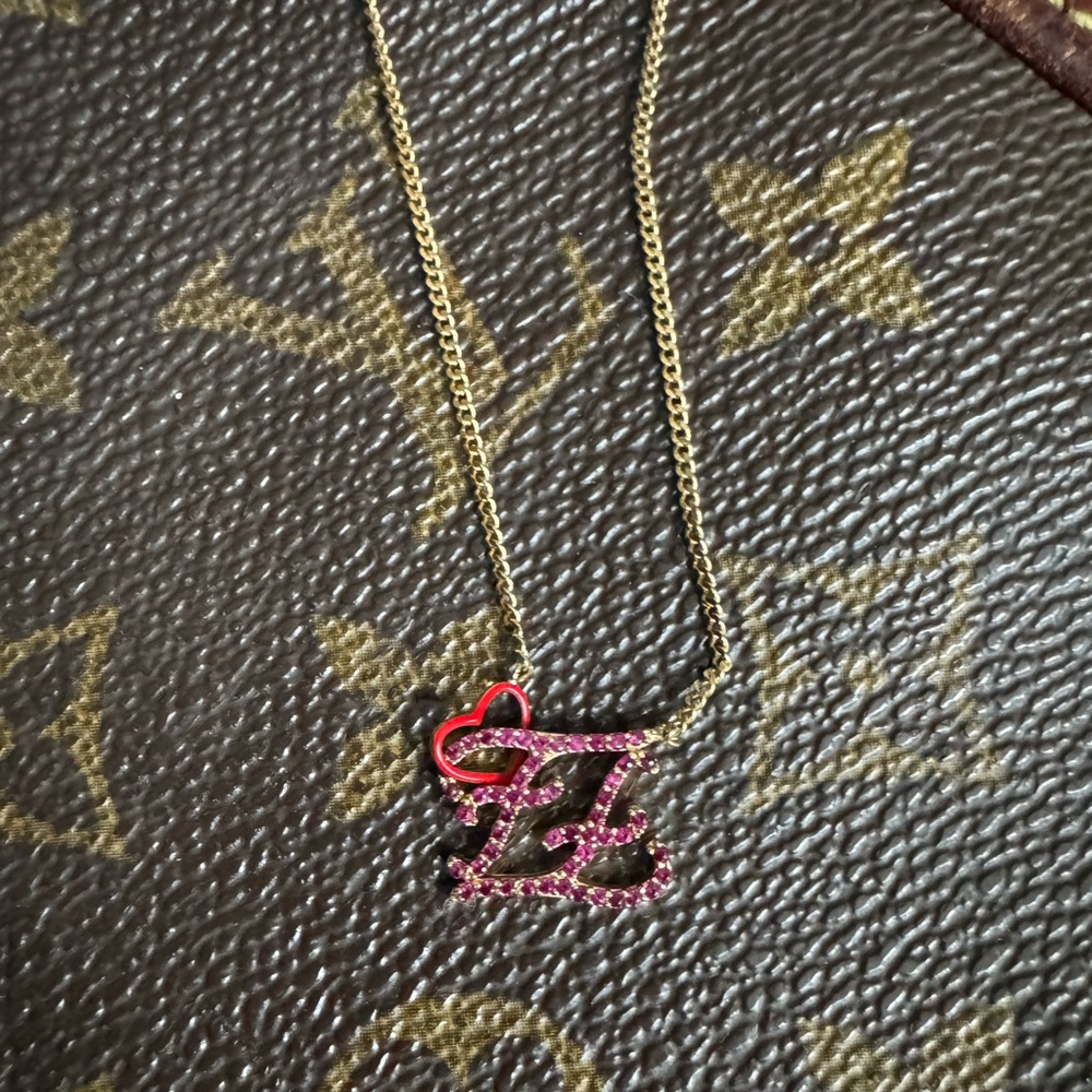 Fendi Gold Necklace with Pink Crystal FF and a Red Heart *RARE*